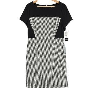 Adrianna Papell Pant Print Sheath Dress Womens 12P Midi Black Ivory Office NWT